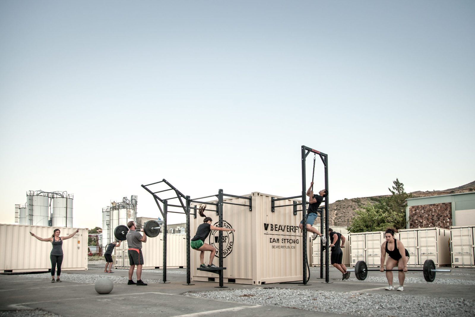 A small group works out on a BeaverFit Performance Locker.