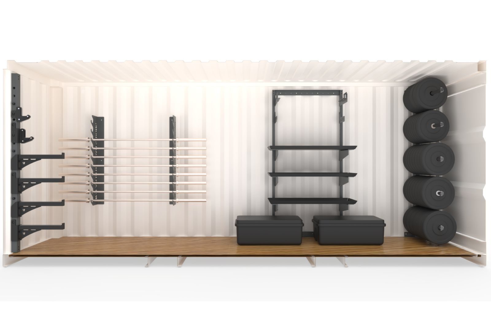 Rendering of the Mobile Training Gym interior with shelves mounted
